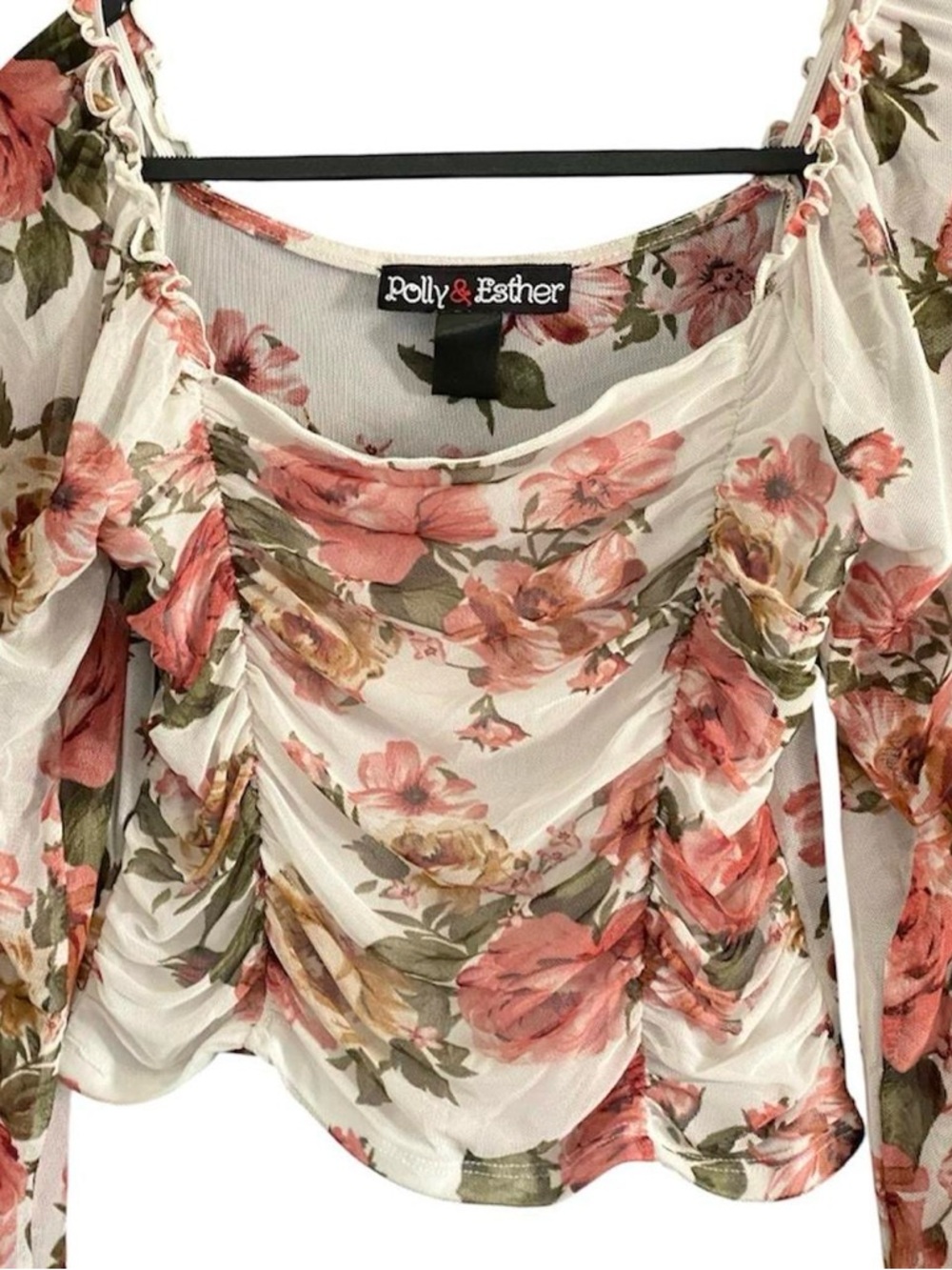 Floral Mesh Ruched Crop Top M Sheer Long Sleeve Y2K Coquette Fairycore Romantic - Picture 3 of 8
